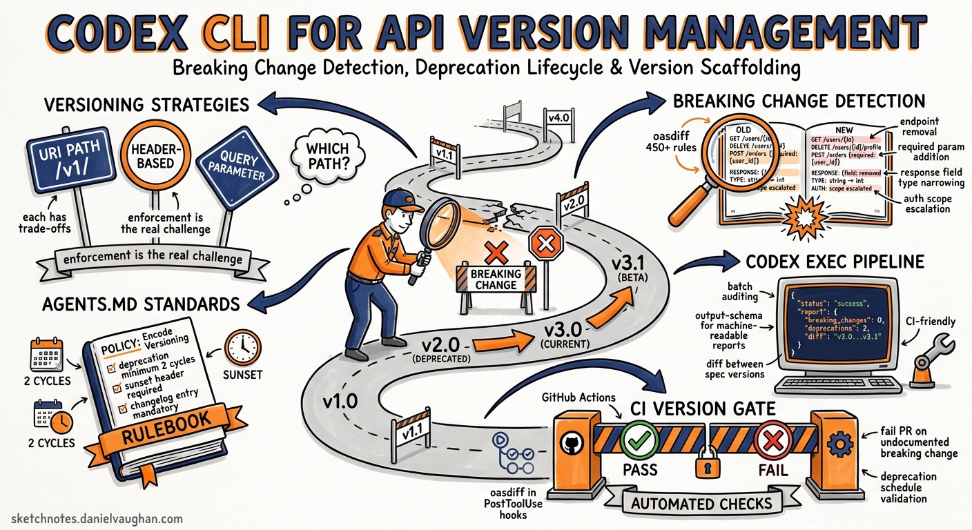 Sketchnote diagram for: Codex CLI for API Version Management: Breaking Change Detection, Deprecation Lifecycle, and Version Scaffolding