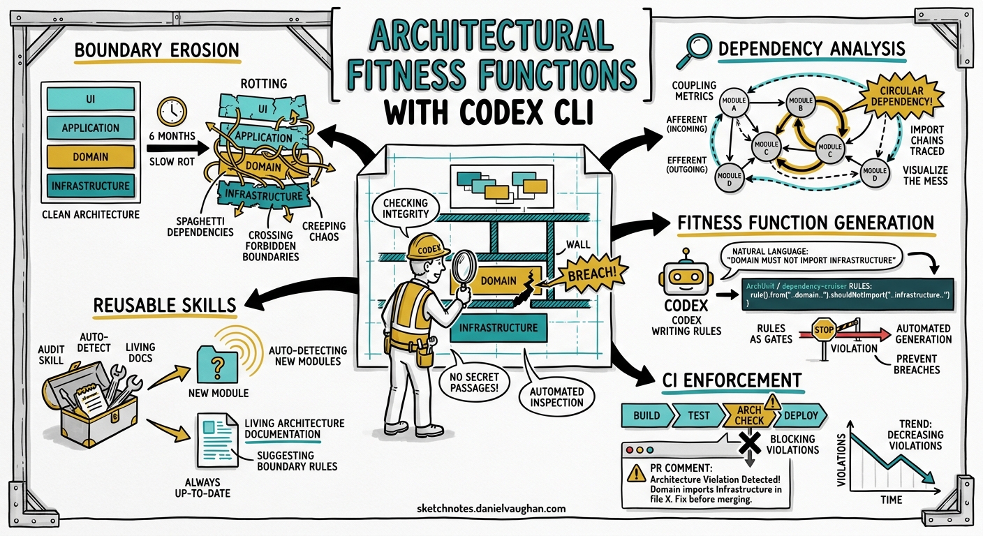 Sketchnote diagram for: Codex CLI for Architectural Fitness Functions: Dependency Analysis, Circular Detection, and Automated Boundary Enforcement