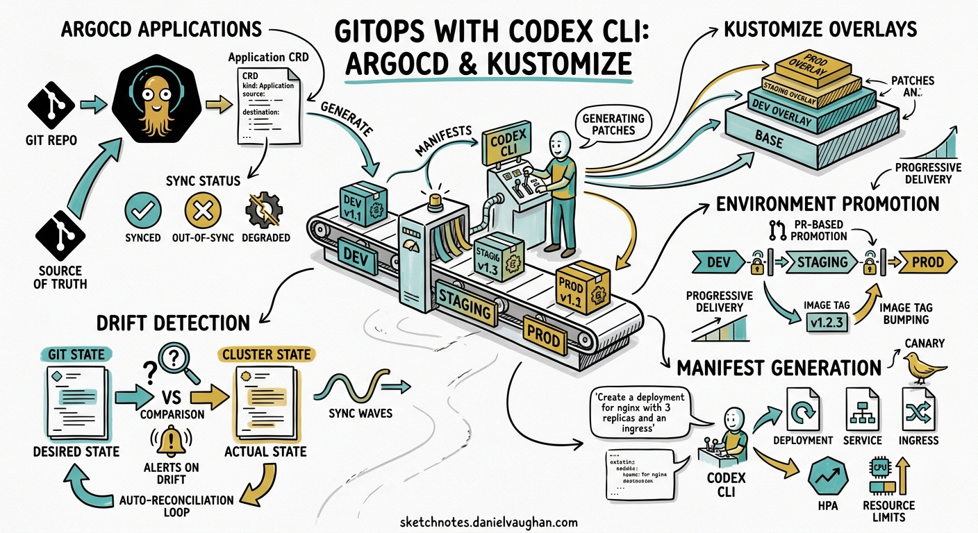 Sketchnote diagram for: Codex CLI for GitOps Workflows: ArgoCD Application Generation, Kustomize Overlay Management, and Environment Promotion Pipelines