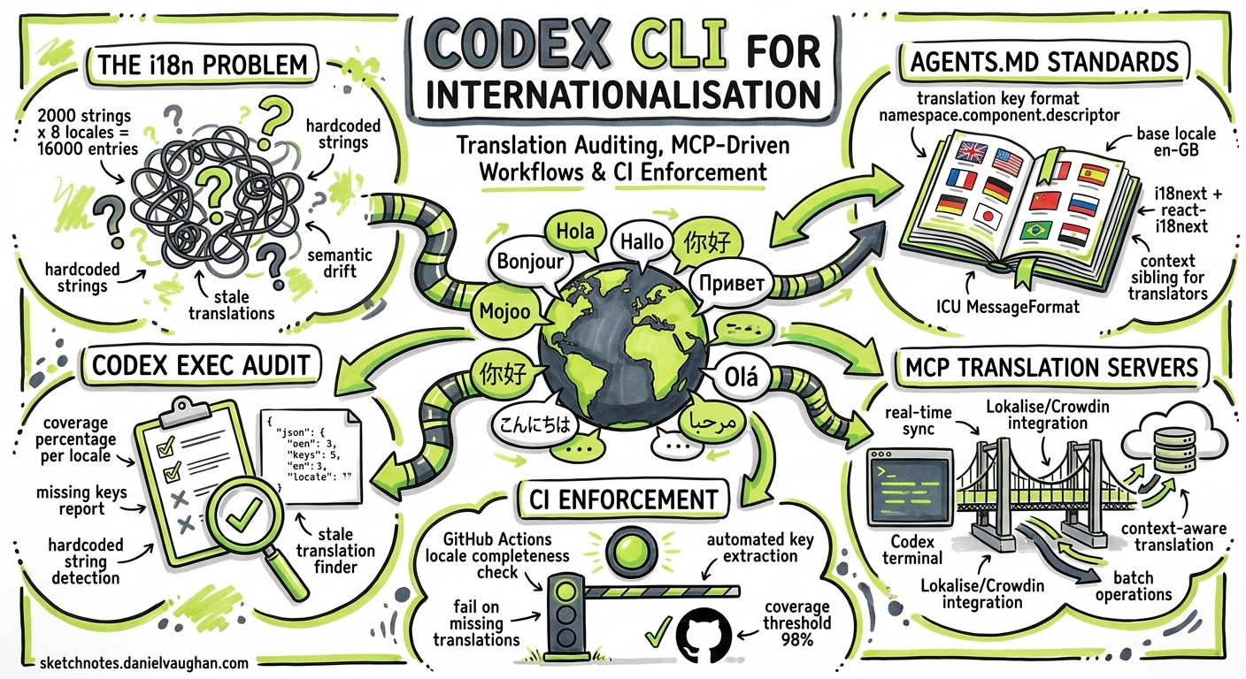 Sketchnote diagram for: Codex CLI for Internationalisation: Translation Auditing, MCP-Driven Workflows, and CI Enforcement