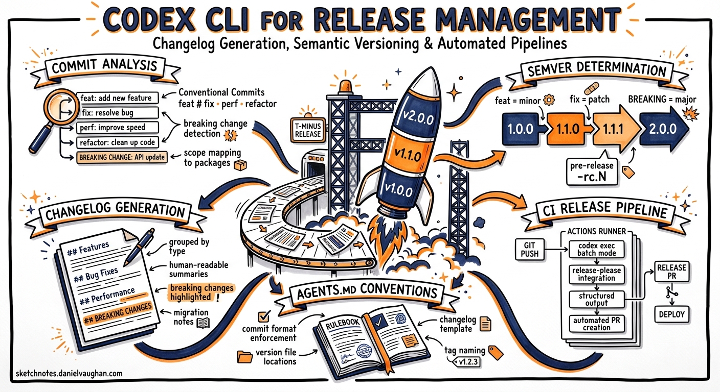 Sketchnote diagram for: Codex CLI for Release Management: Changelog Generation, Semantic Versioning, and Automated Release Pipelines