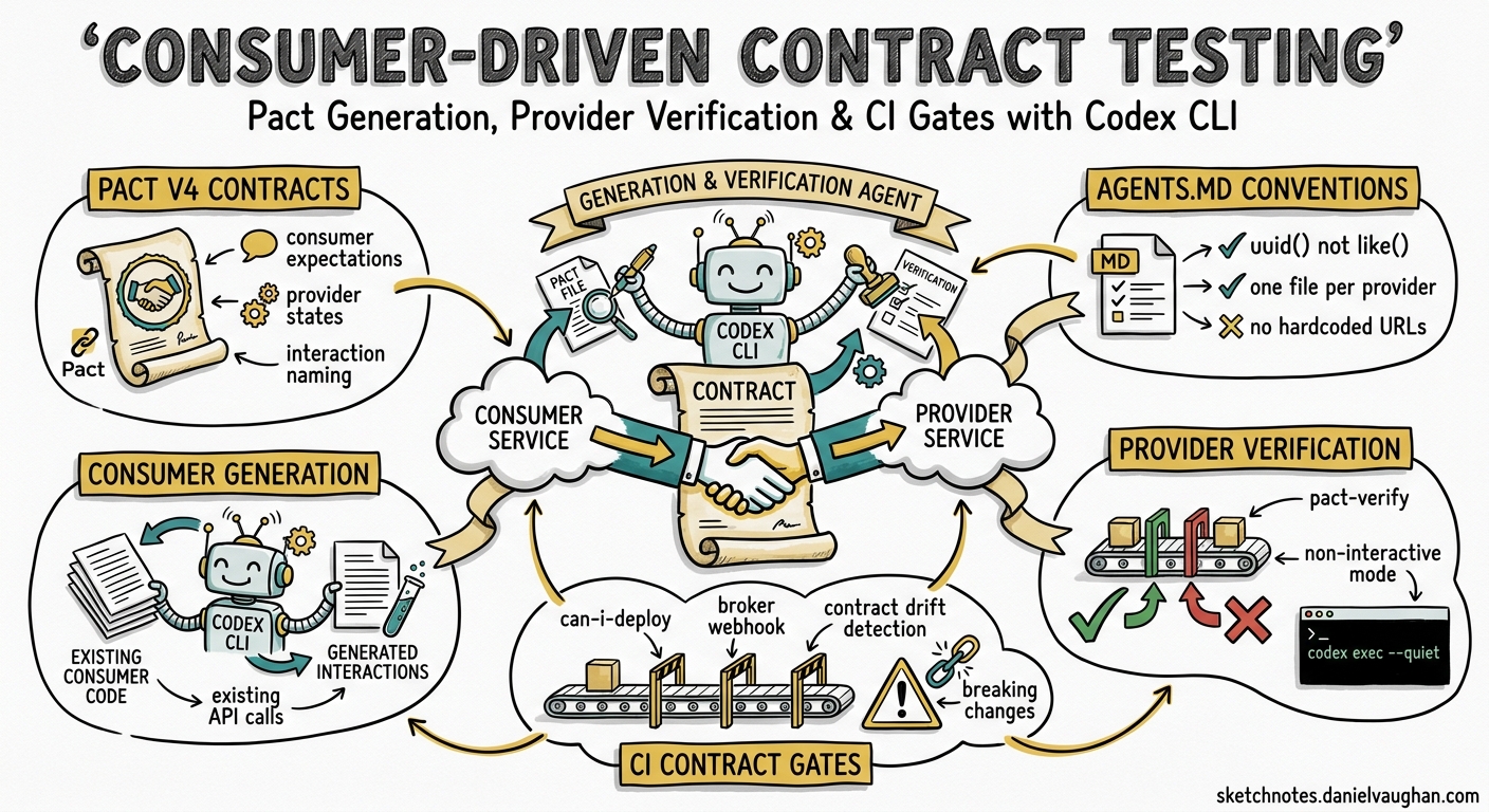 Sketchnote diagram for: Codex CLI for Consumer-Driven Contract Testing: Pact Generation, Provider Verification, and CI Contract Gates