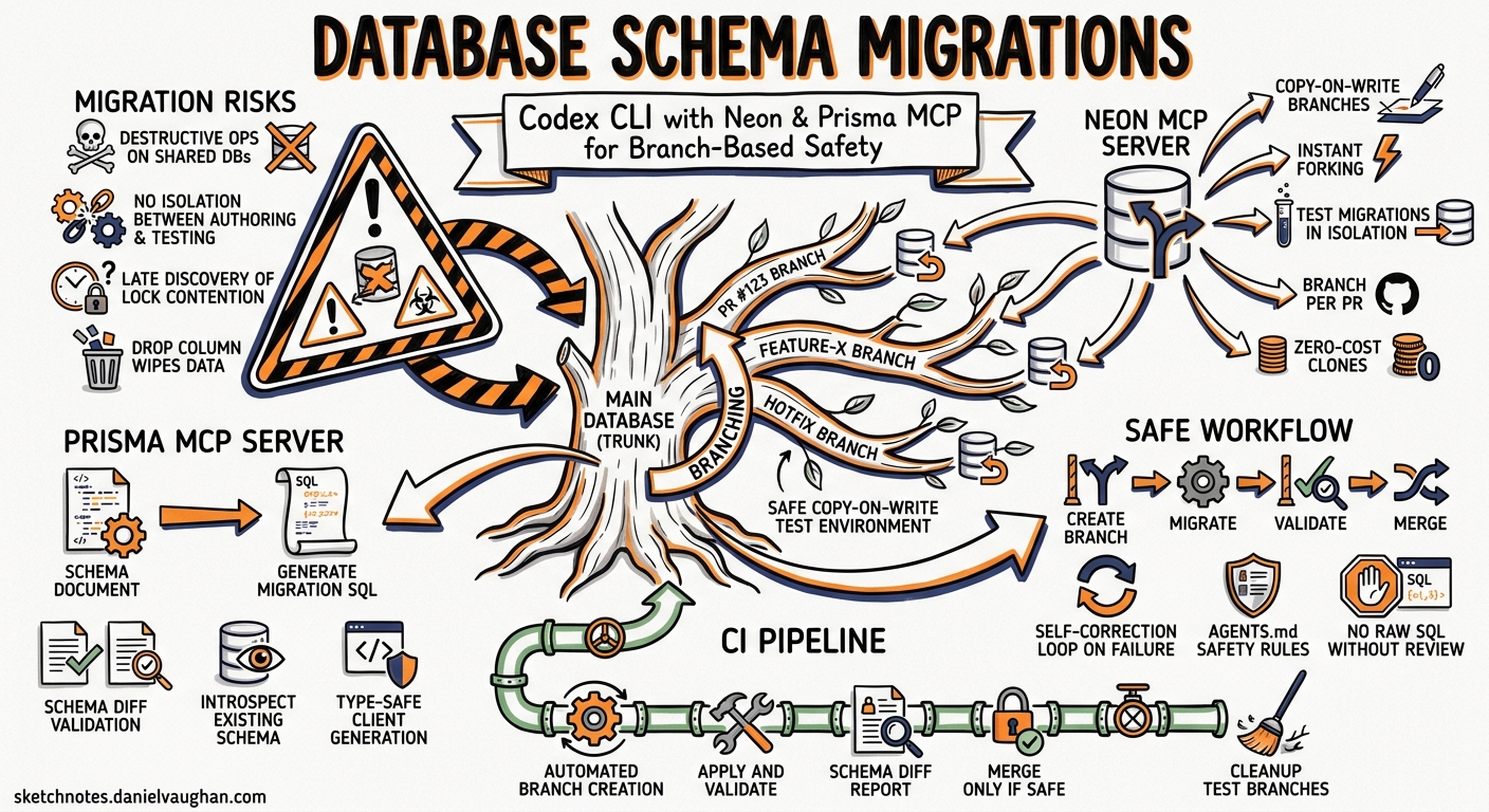 Sketchnote diagram for: Codex CLI for Database Schema Migrations: Branch-Based Safety with Neon and Prisma MCP Servers