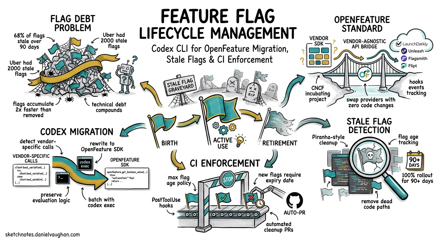 Sketchnote diagram for: Codex CLI for Feature Flag Lifecycle Management: OpenFeature Migration, Stale Flag Detection, and CI Enforcement