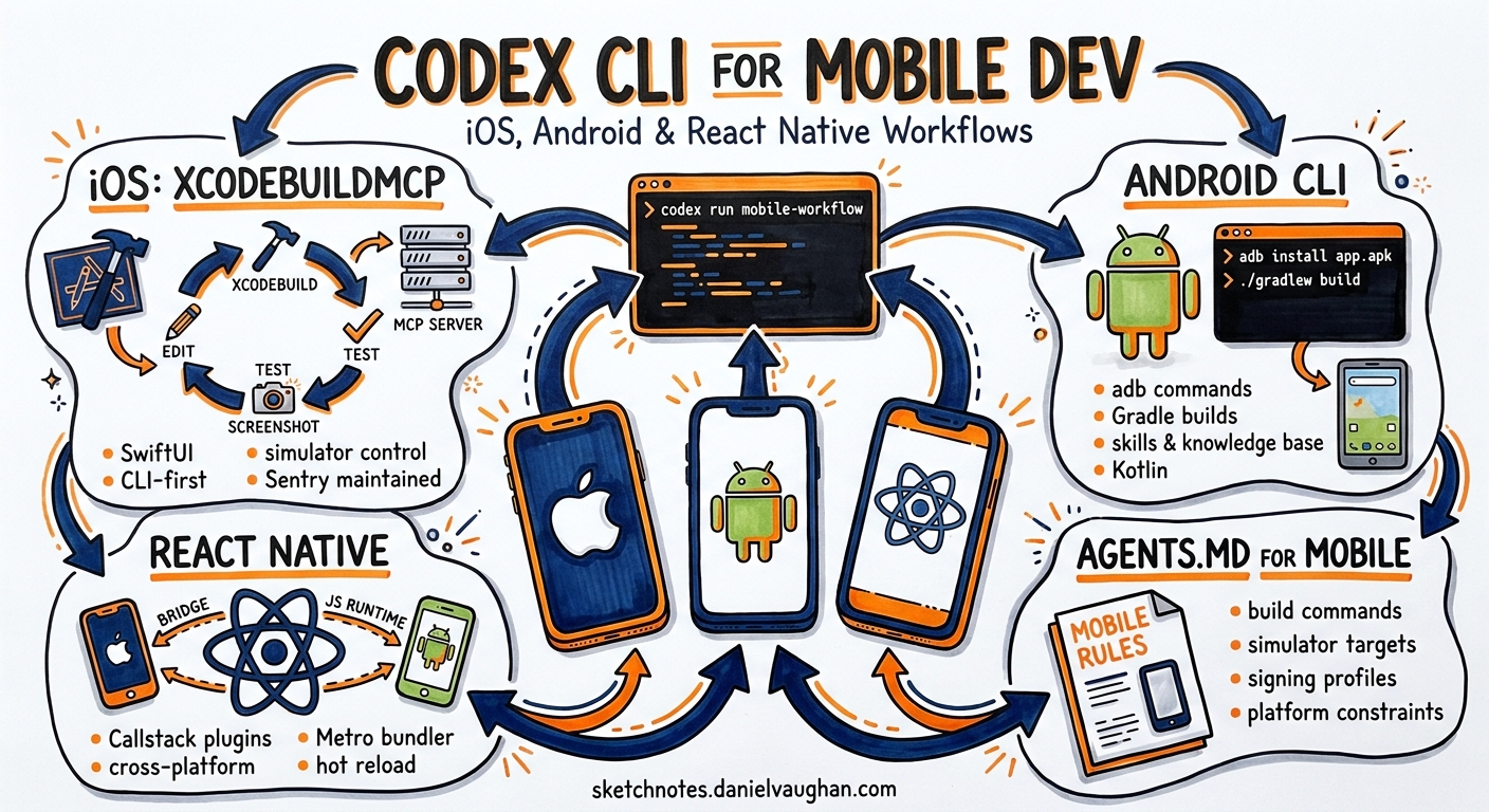 Sketchnote diagram for: Codex CLI for Mobile Development: iOS with XcodeBuildMCP, Android CLI Skills, and React Native Plugin Workflows