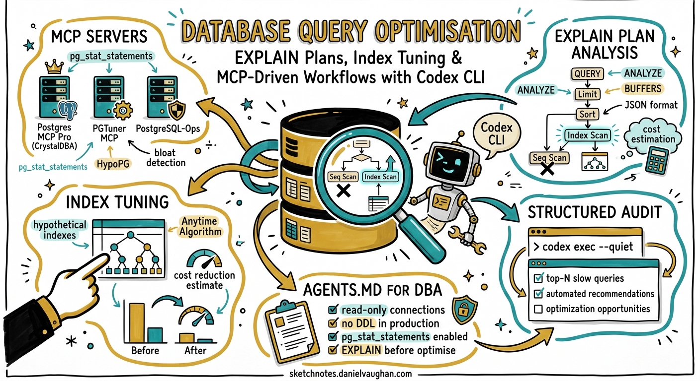 Sketchnote diagram for: Codex CLI for Database Query Performance Optimisation: EXPLAIN Plan Analysis, Index Tuning, and MCP-Driven Workflows