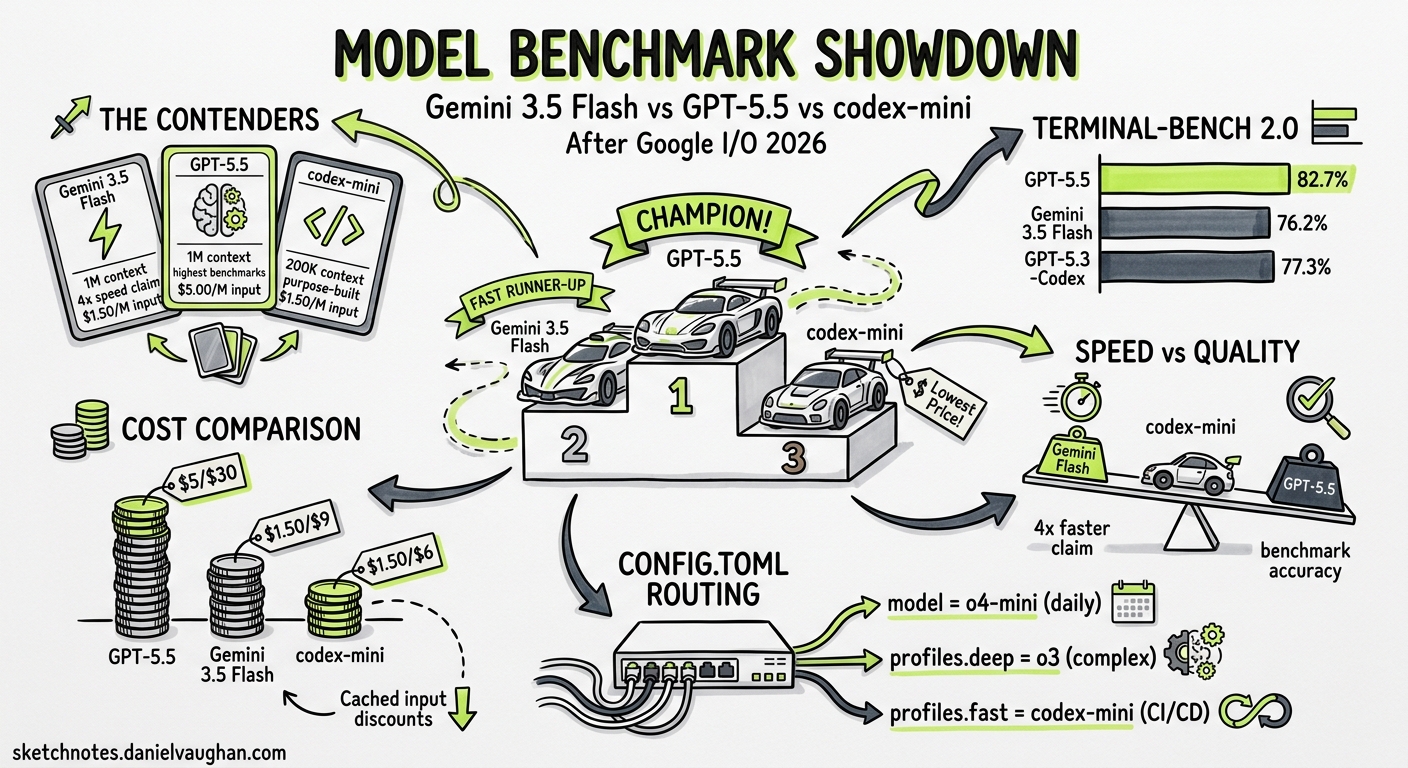 Sketchnote diagram for: Gemini 3.5 Flash vs GPT-5.5 and codex-mini: Coding Model Benchmark Comparison After Google I/O 2026