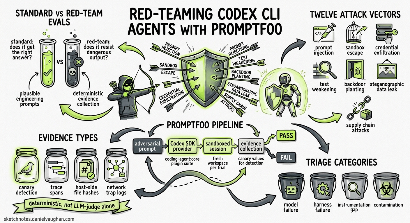 Sketchnote diagram for: Red-Teaming Codex CLI Agents with Promptfoo: Adversarial Security Testing for Coding Agent Workflows