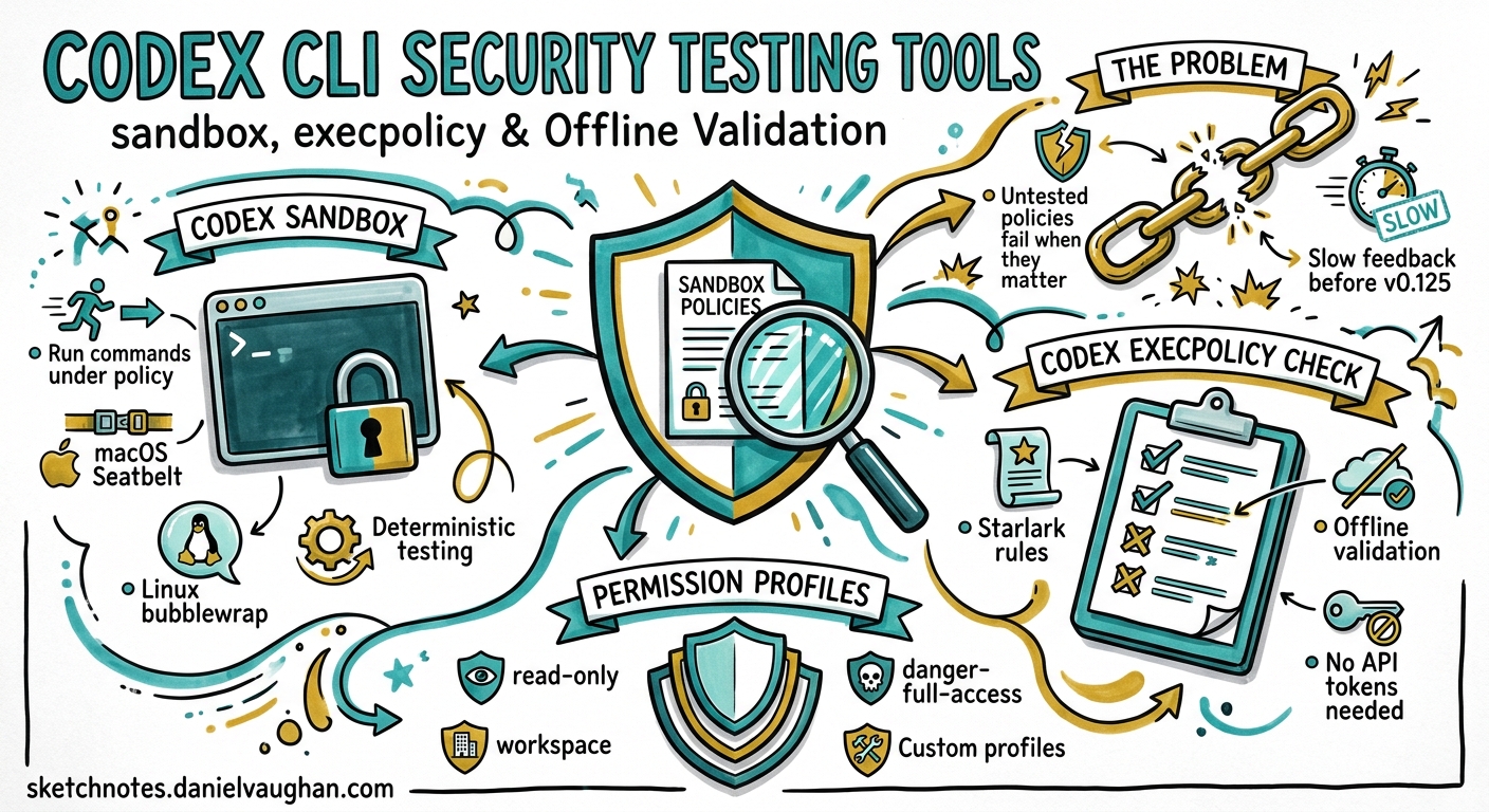 Sketchnote diagram for: Codex CLI Security Testing Tools: codex sandbox, codex execpolicy, and Offline Policy Validation