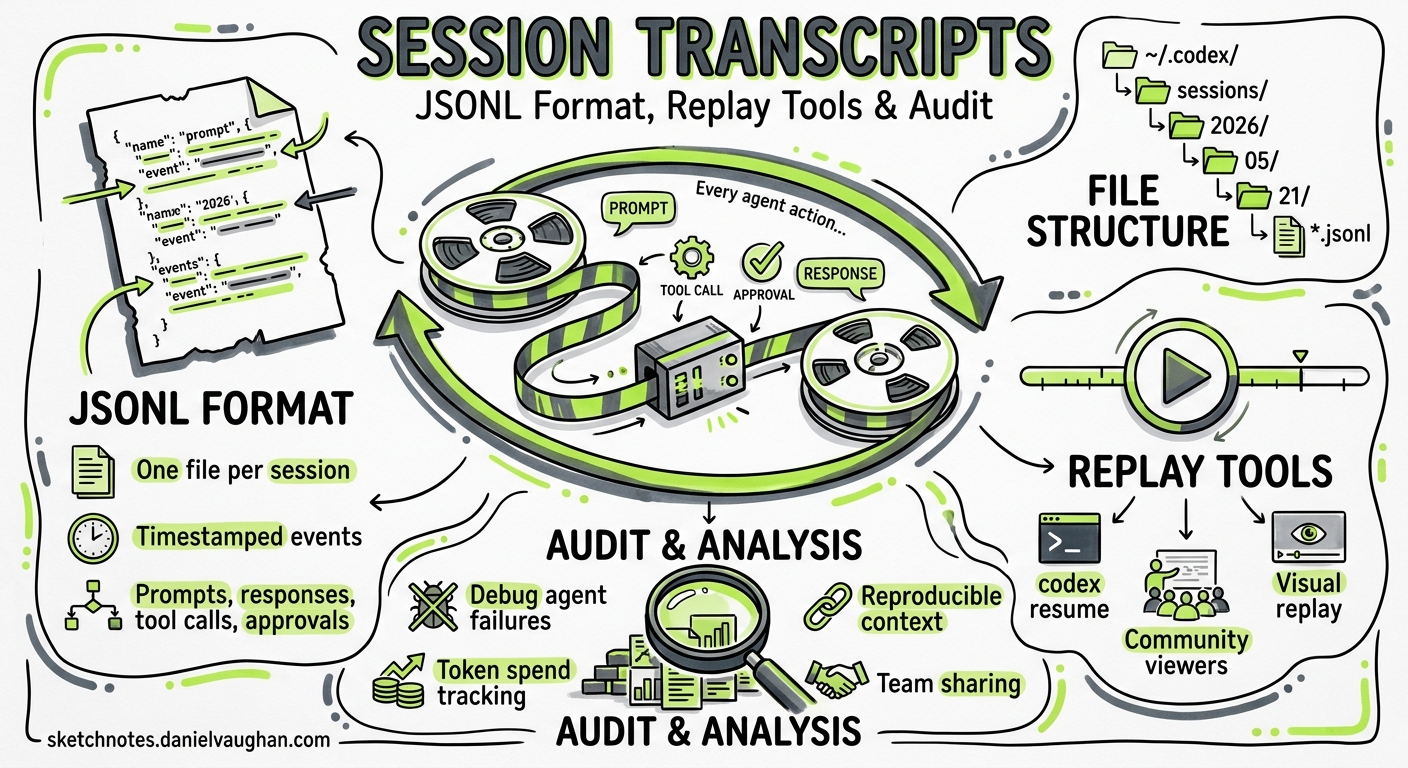 Sketchnote diagram for: Codex CLI Session Transcripts: JSONL Format, Replay Tools, and Audit Analysis