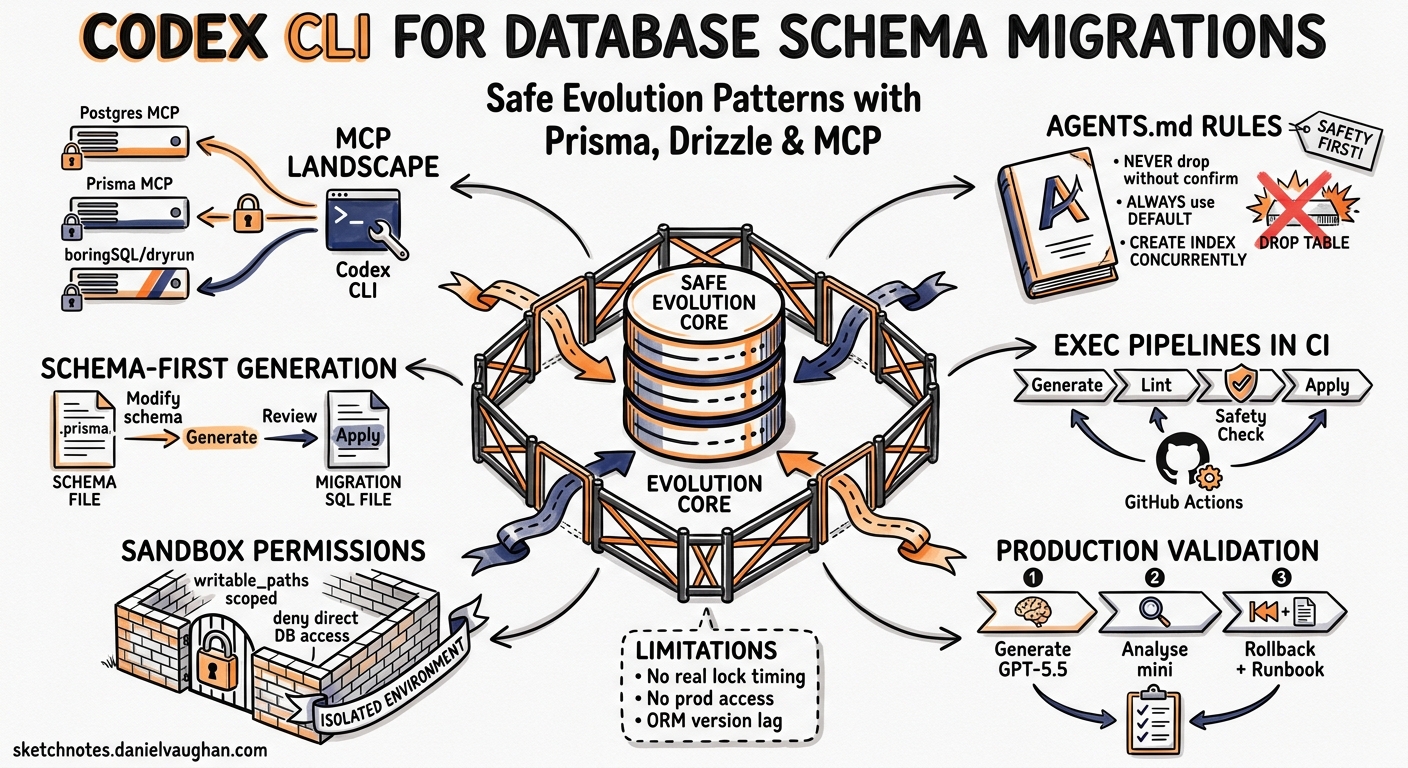 Sketchnote diagram for: Codex CLI for Database Schema Migrations: Safe Evolution Patterns with Prisma, Drizzle, and MCP