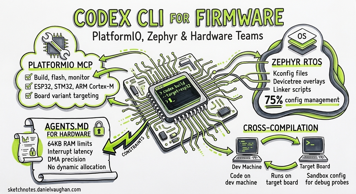 Sketchnote diagram for: Codex CLI for Embedded and Firmware Development: PlatformIO MCP, Zephyr Workflows, and AGENTS.md for Hardware Teams