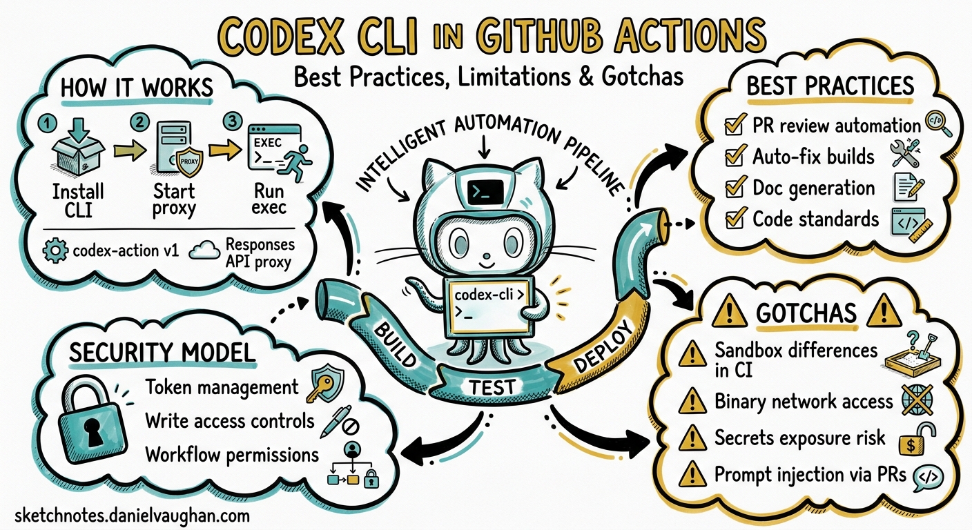 Sketchnote diagram for: Codex CLI in GitHub Actions: Best Practices, Limitations, and Gotchas