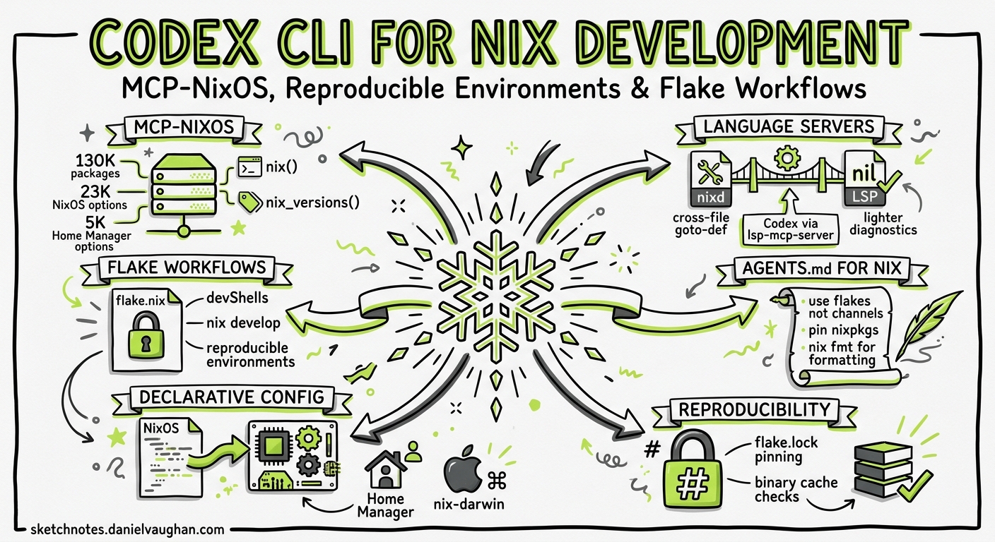 Sketchnote diagram for: Codex CLI for Nix Development: MCP-NixOS, Reproducible Environments, and Flake-Native Agent Workflows