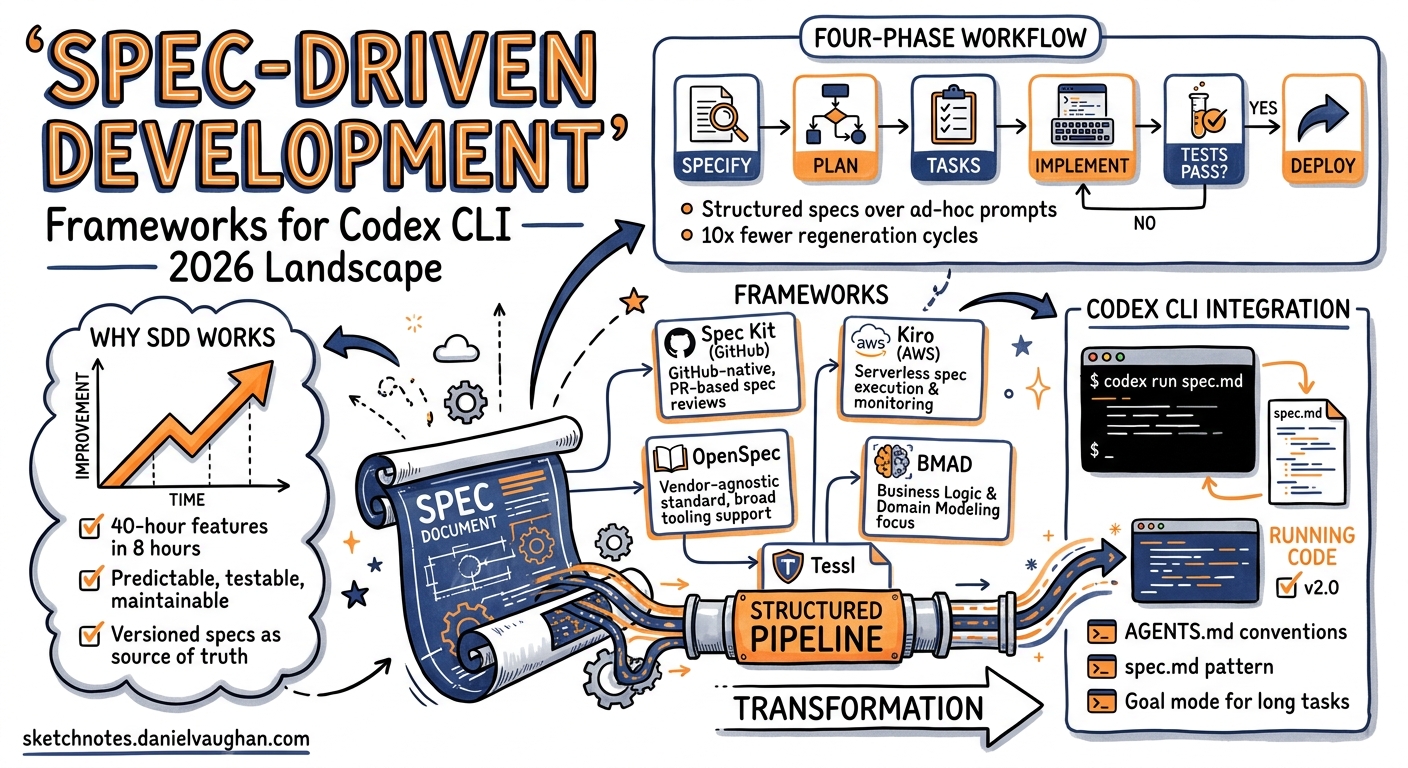 Sketchnote diagram for: Spec-Driven Development Frameworks for Codex CLI: Patterns, Best Practices, and the 2026 Landscape