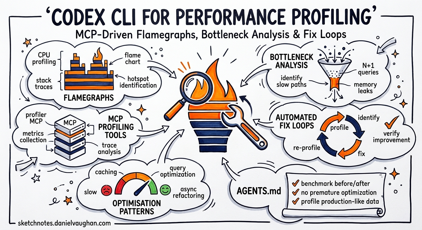 Sketchnote diagram for: Codex CLI for Performance Profiling and Optimisation: MCP-Driven Flamegraphs, Bottleneck Analysis, and Automated Fix Loops