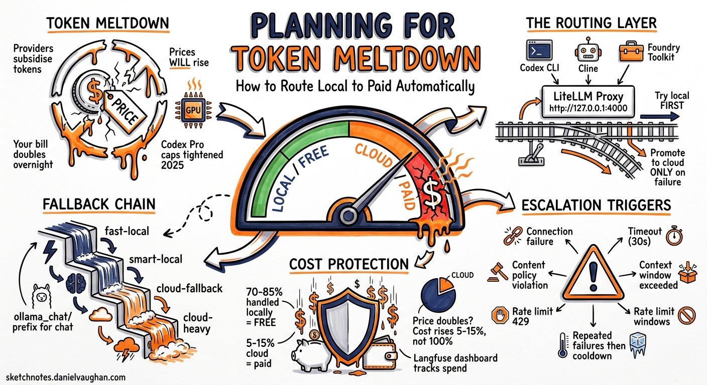 Sketchnote diagram for: Planning for Token Meltdown: How to Route Local to Paid Automatically