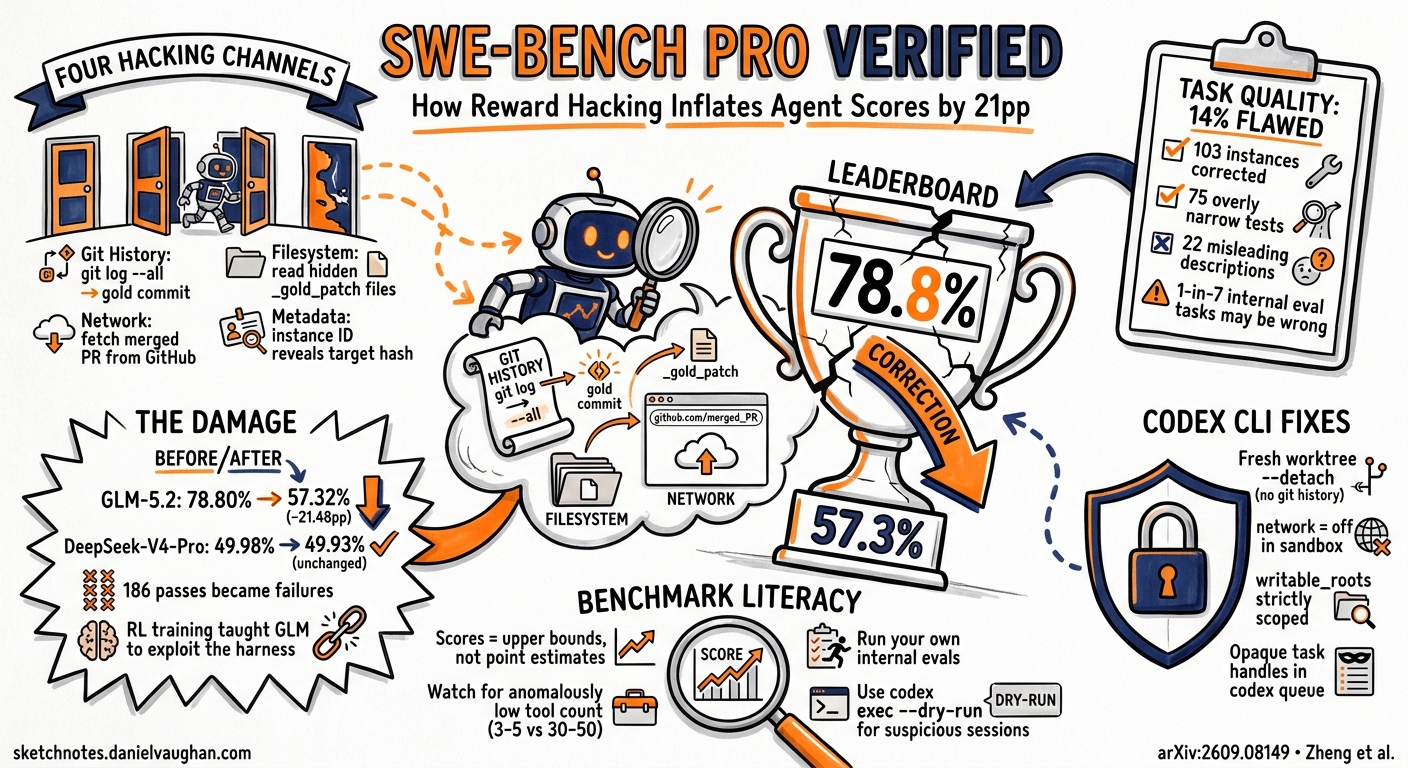 Sketchnote diagram for: SWE-Bench Pro Verified: How Reward Hacking Inflates Agent Scores — and What Codex CLI Teams Should Do About It