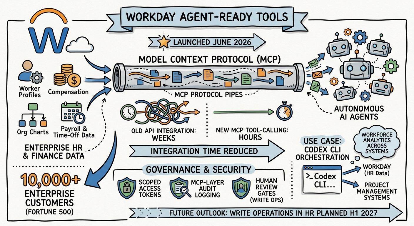 Sketchnote diagram for: Workday's Agent-Ready Tools Turn Enterprise HR and Finance Data into MCP Resources
