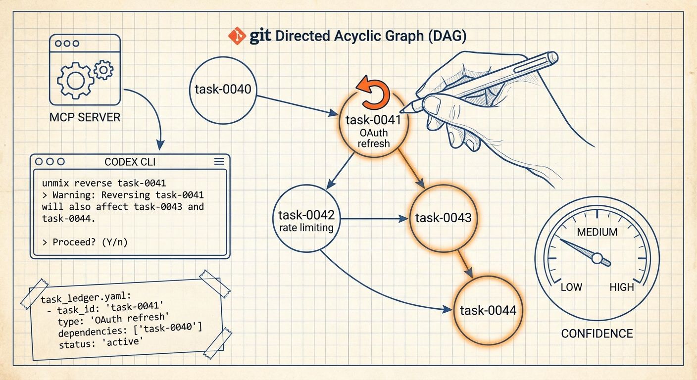 Sketchnote diagram for: Unmix: Reversible AI Decisions and the Git Task Ledger Pattern