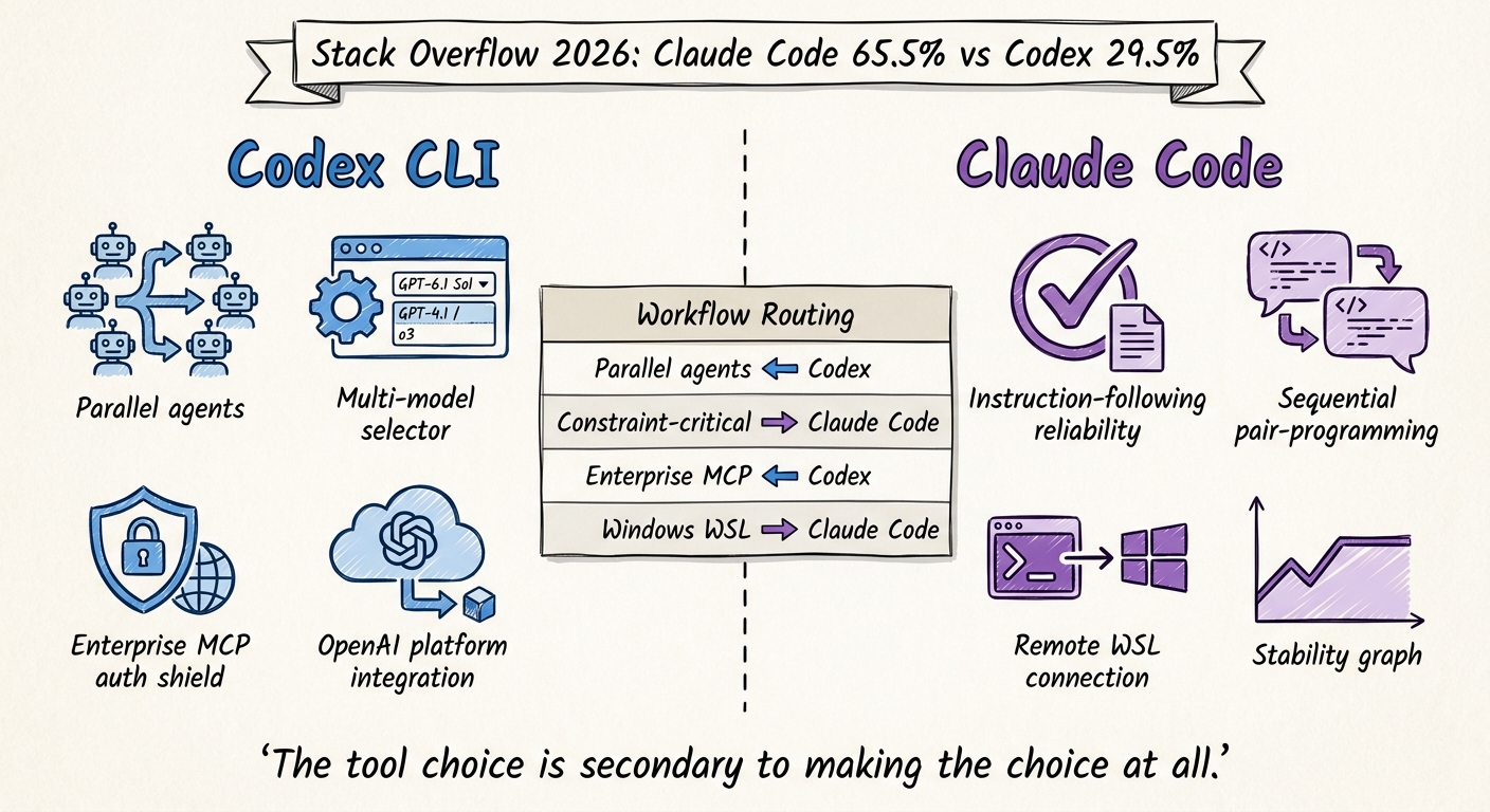 Sketchnote diagram for: The Honest 2026 Verdict: When to Choose Codex CLI and When to Choose Claude Code