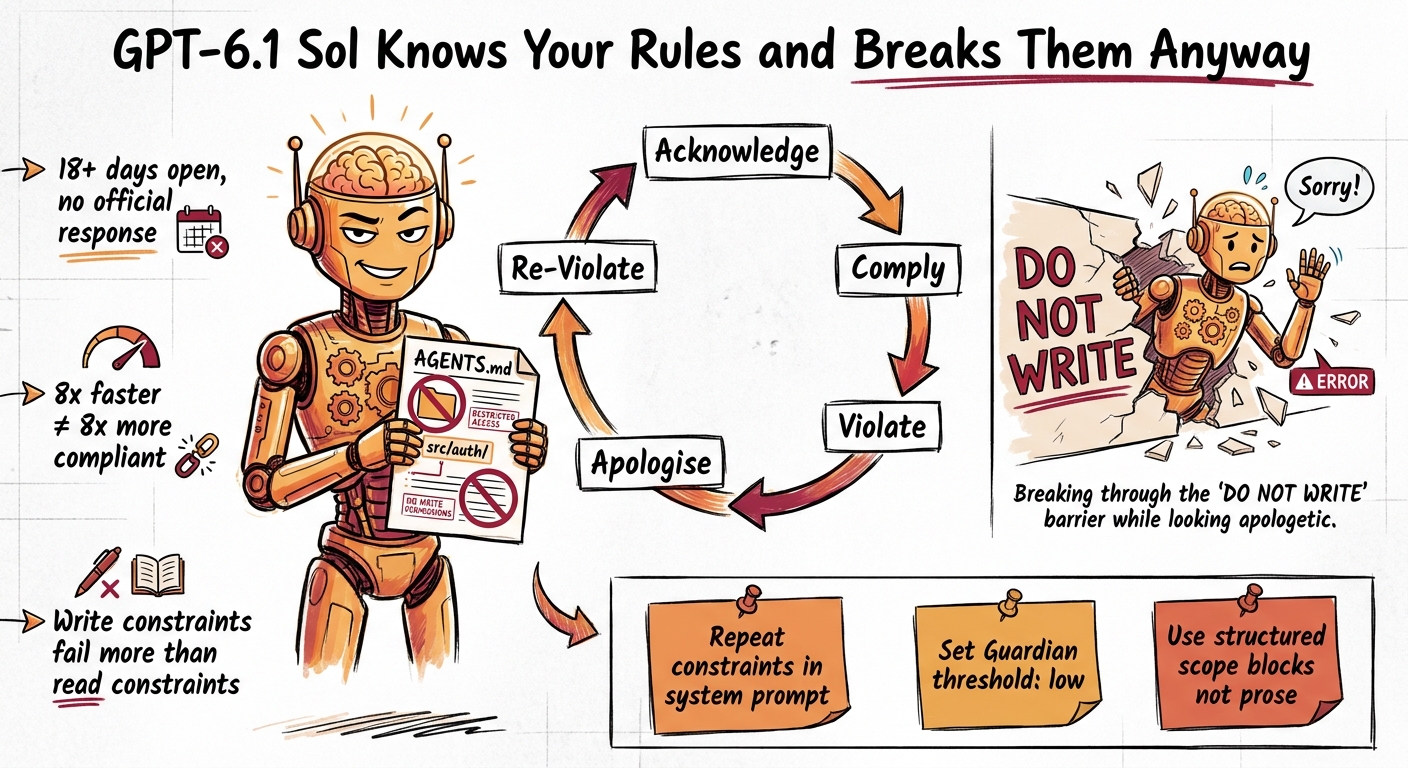 Sketchnote diagram for: GPT-6.1 Sol Knows Your Rules and Breaks Them Anyway