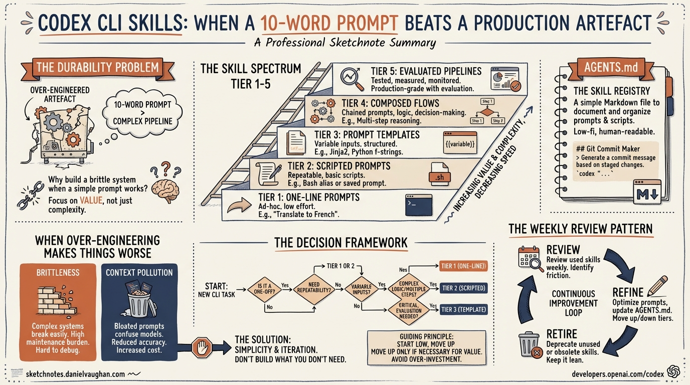Sketchnote diagram for: Codex CLI Skills: When a 10-Word Prompt Beats a Production Artefact