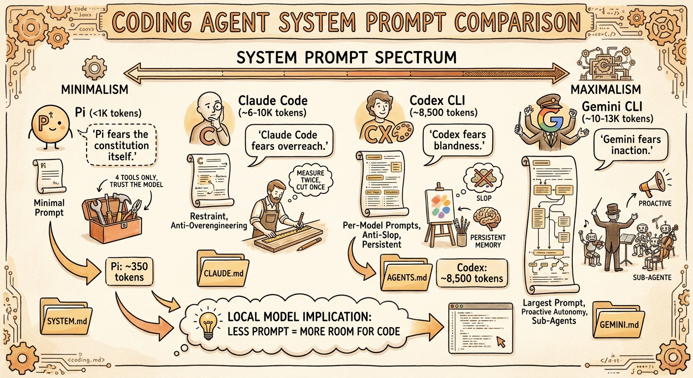 Sketchnote diagram for: The DNA of Coding Agents: Codex CLI vs Gemini CLI vs Claude Code vs Pi — System Prompts Compared